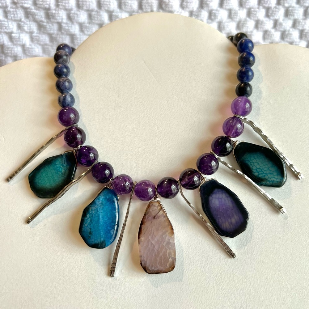 Stunning Tova Multi Agate Necklace with Turquoise, Amethyst, & Sodalite Beads